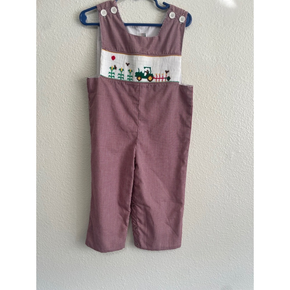 Mom & Me Smocked Longall Toddler Girl 18M Burgundy Gingham Farm Tractor EUC